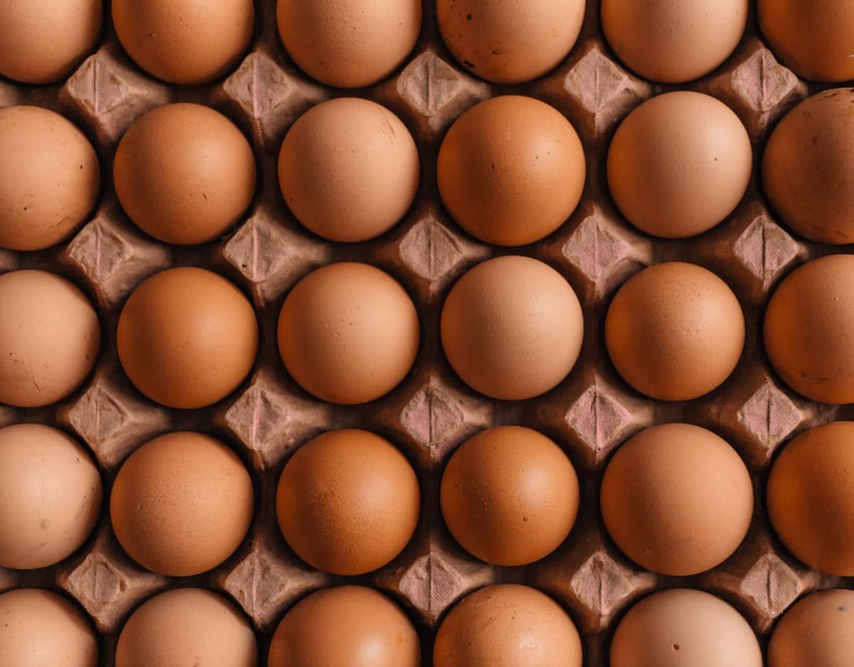 A tray filled with brown free-range eggs
