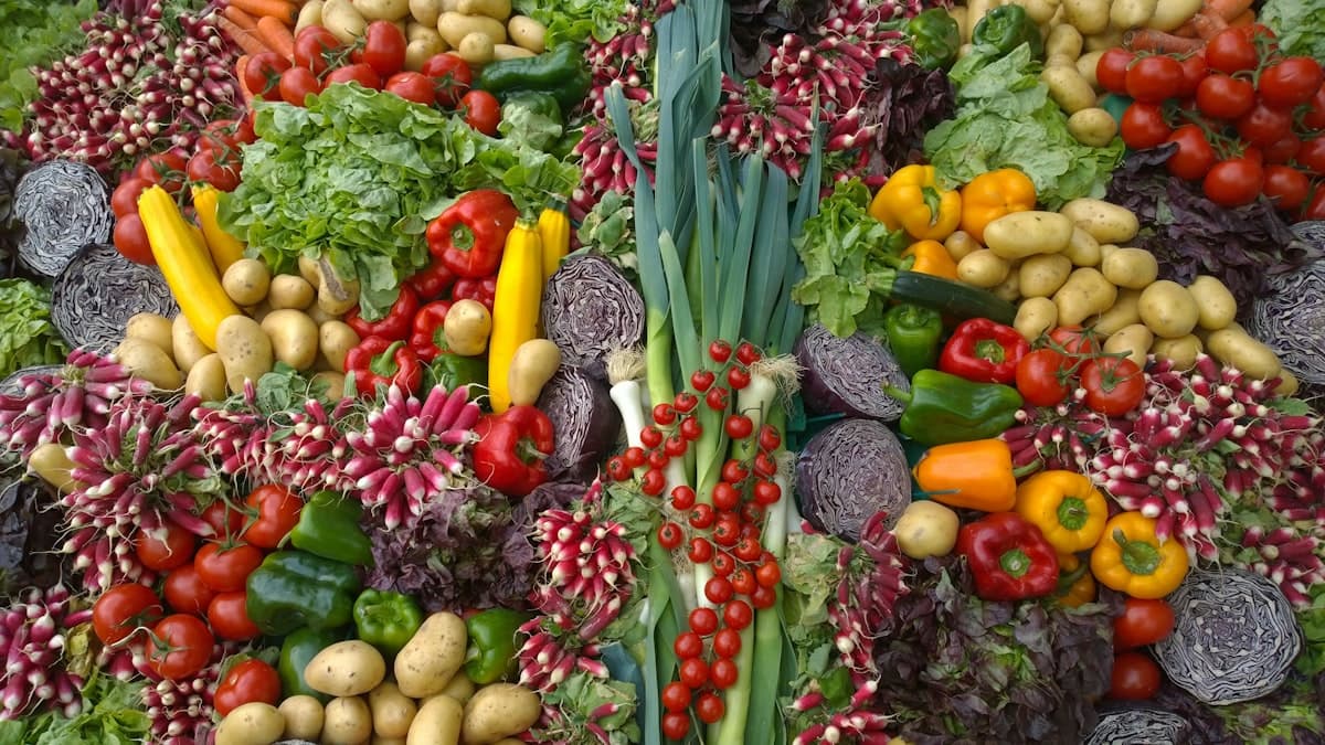 A market display of tomatoes, peppers, radishes, leeks and leafy greens